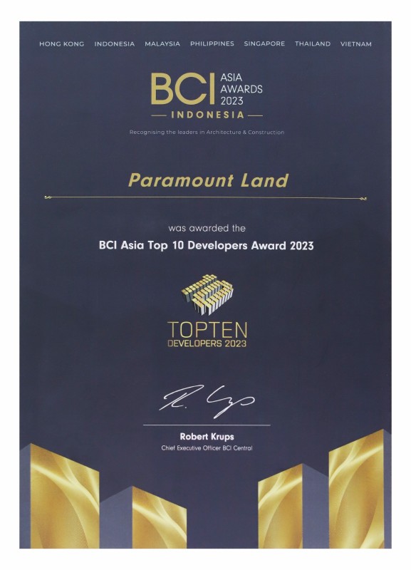 Paramount Land Raih ‘Top 10 Developers’ pada Ajang BCI Asia Awards 2023